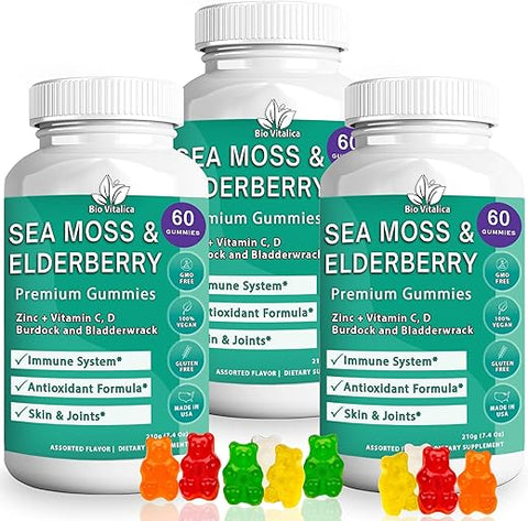 3 Pack) Gomas de Algas Marinhas e Sabugueiro BioVitalica – Vitamina C D Zinco – Goma Vegana de Algas Marinhas com Gel de Algas Marinhas - BIO VITALICA