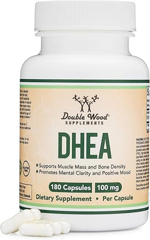Double Wood Supplements - DHEA 100mg | 180 Cápsulas | Força Máxima 6 Meses | Testado por Terceiros | Equilíbrio Hormonal