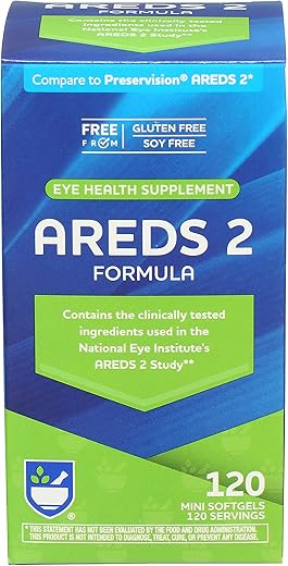 AREDS 2 Softgels – 120 cápsulas, Suporte Macular para Saúde dos Olhos e Visão, Contém Luteína, Vitamina C, Zeaxantina, Zinco - Rite Aid