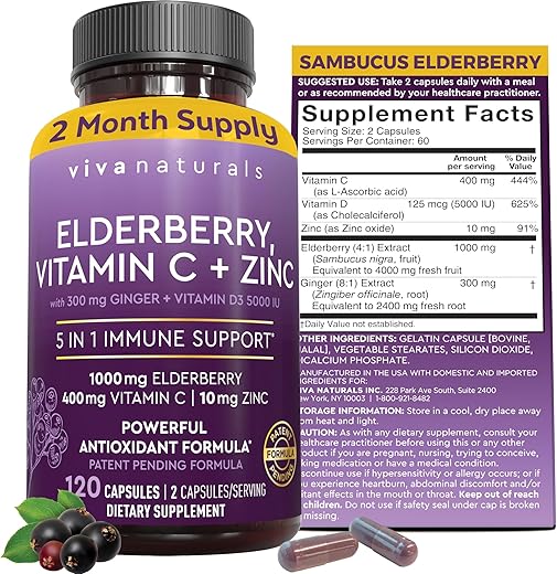 Elderberry com Vitamina C e Zinco para Adultos – Cápsulas de Sabugueiro Negro Sambucus 5 em 1 com Vitamina D3 5000 UI, Suplemento de Suporte Imunológico de Sabugueiro para 2 Meses - Viva Naturals