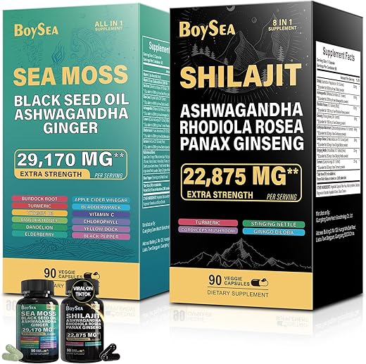 Pacote Boysea.Sea Moss e shilajit – 90 unidades – Sea Moss 7000mg, Óleo de Semente Preta 4000mg, Ashwagandha 2000mg, Gengibre