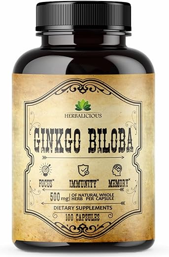 HERBALICIOUS - Cápsulas de Ginkgo Biloba – Suplemento Natural Diário para Apoio à Clareza Mental, Foco, Estimulação da Memória, Alívio do Estresse, Saúde do Coração e do Cérebro