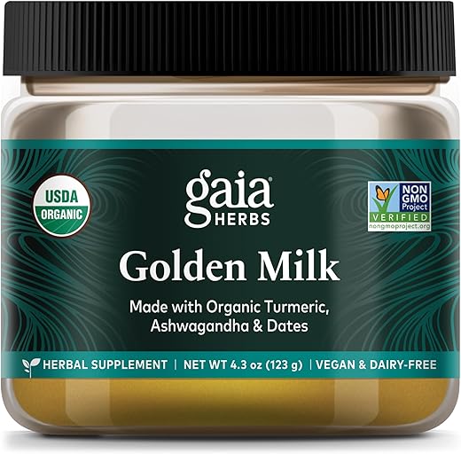 Golden Milk em Pó – Cúrcuma Orgânica, Pimenta Preta, Ashwagandha, Tâmaras, Cardamomo e Baunilha para uma Xícara de Calma Natural Ayurvédica – 100g - Gaia Herbs
