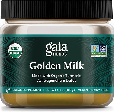 Golden Milk em Pó – Cúrcuma Orgânica, Pimenta Preta, Ashwagandha, Tâmaras, Cardamomo e Baunilha para uma Xícara de Calma Natural Ayurvédica – 100g - Gaia Herbs