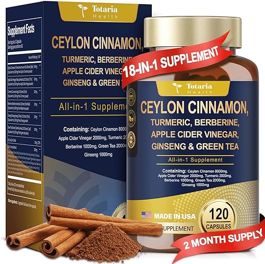 Totaria - Canela Ceylon 18-em-1 8000mg, Vinagre de Maçã 2000mg, Cúrcuma 1000mg, Berberina 1000mg, Ginseng e Melão Amargo para Intestino e Metabolismo