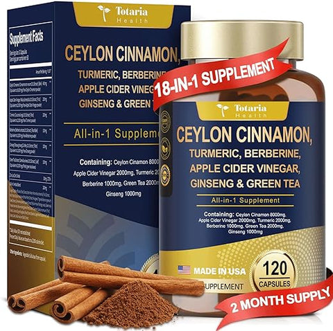 Totaria - Canela Ceylon 18-em-1 8000mg, Vinagre de Maçã 2000mg, Cúrcuma 1000mg, Berberina 1000mg, Ginseng e Melão Amargo para Intestino e Metabolismo