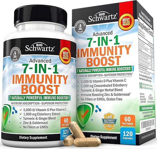 BioSchwartz - Suplemento de Suporte Imunológico com Zinco Vitamina C Vitamina D 5000 UI Sabugueiro Gengibre D3 Equinácea – Aprovado pelo Dr. Vitaminas de Imunidade para Adultos Mulheres e Homens – Sistema Imunológico Natural