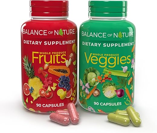 Fruits and Veggies – Suplemento Alimentar com Frutas e Vegetais Superfoods para Mulheres, Homens e Crianças – 90 Cápsulas de Frutas, 90 Cápsulas de Vegetais – 1 Conjunto - Balance of Nature