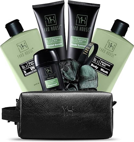 Yard House - Conjunto de Presente de Banho e Corpo de Luxo para Homens – Kit de Cuidados com a Pele em Eucalipto e Hortelã – Ideias de Presentes para o Dia dos Pais, Aniversário e Natal para Homens – Conjunto de 7 Peças com Itens em Tamanho Real em Couro