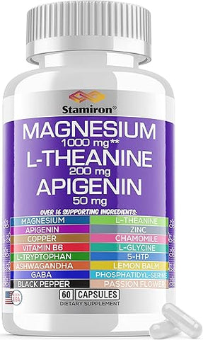 Stamiron - Magnésio Complexo 1000mg L Theanina 200mg Apigenina 50mg Suplemento com Mag Glicinato Citrato Malato Taurato Camomila 5-HTP Flor de Maracujá Melissa B6 Ashwagandha e L