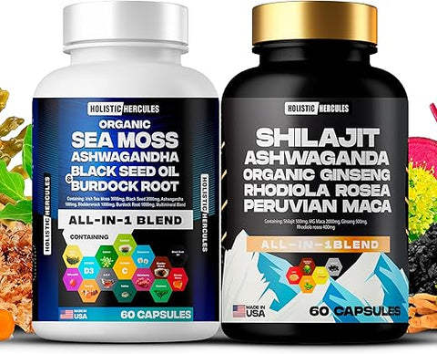 Holistic Hercules - Combo Clássico – Sea Moss 3000mg, Black Seed 2000mg, Ashwagandha 1000mg, Shilajit 5000mg, Panax Ginseng 1500mg, Maca Peruana 2000mg, Pack de Suplementos All in 1