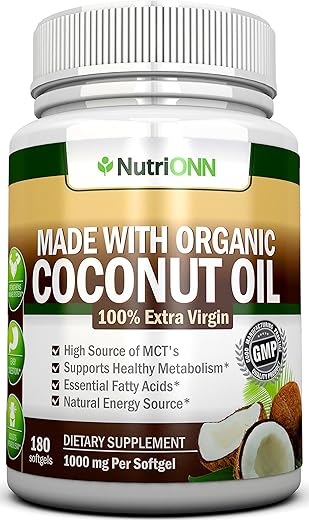 NutriONN - Óleo de Coco Orgânico em Cápsulas – 180 Softgels – 4000 MG Diários – Extra Virgem Prensado a Frio – Certificado USDA Orgânico – Ideal para Cabelo, Pele e Acne