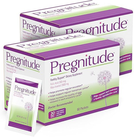 Suporte à Fertilidade Reprodutiva – Promove Ovulação Regular – Ciclos Menstruais e Aumenta Qualidade dos Óvulos – 60 Porções 120 Pacotes - Pregnitude