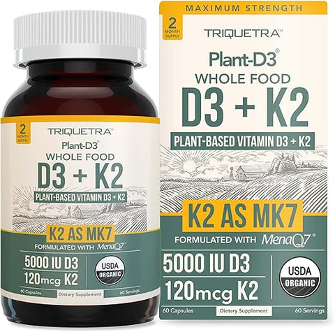 Triquetra Health - Orgânico Plant D3 K2 | 5000 UI D3 120 mcg K2 como All-Trans MK7 de MenaQ7® – Alimento Integral 100% Natural, Cru