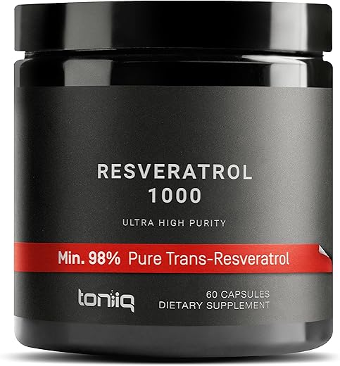 Toniiq - Resveratrol 1000mg Ultra Potente Testado por Terceiros – 98% Puro, Altamente Purificado e Bioativo – Extrato de Raiz de Polygonum Resveratrol – 60 Cápsulas