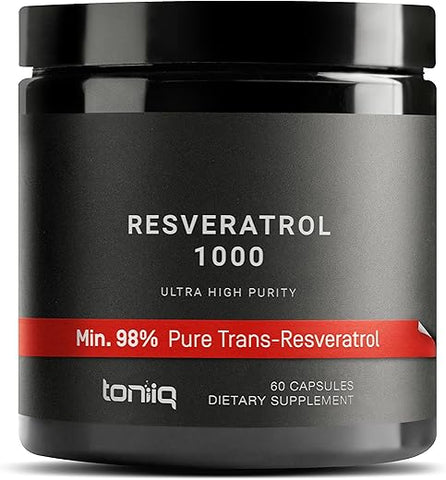 Toniiq - Resveratrol 1000mg Ultra Potente Testado por Terceiros – 98% Puro, Altamente Purificado e Bioativo – Extrato de Raiz de Polygonum Resveratrol – 60 Cápsulas
