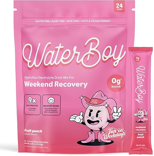 Weekend Recovery x FOW | Pacotes de Pó de Eletrólitos 3.200mg | Vitaminas de Gengibre L-Theanine | Sem Açúcar, 100% Natural, Sem Glúten | 24 Sachês de Bebida (Sabor Ponche de Frutas) - Waterboy
