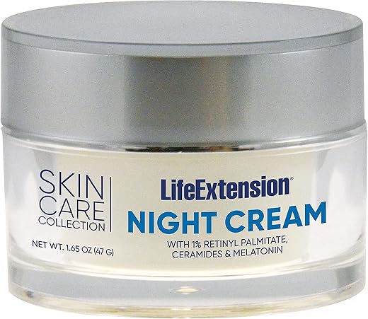 Coleção de Cuidados com a Pele Life Extension – Creme Noturno, retinil palmitato, ceramidas de farelo de arroz, manteiga de karité, chá verde, fórmula à base de melatonina para rejuvenescimento da pele durante a noite, 50g