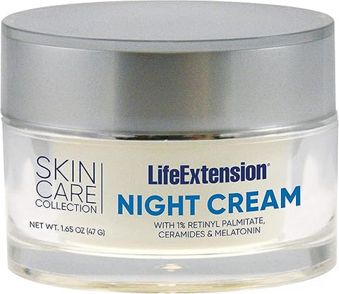 Coleção de Cuidados com a Pele Life Extension – Creme Noturno, retinil palmitato, ceramidas de farelo de arroz, manteiga de karité, chá verde, fórmula à base de melatonina para rejuvenescimento da pele durante a noite, 50g