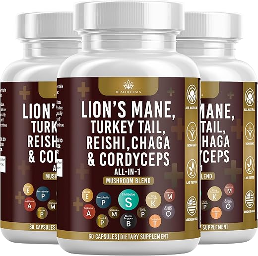 Health Heals - Suplemento de Cogumelo com Cauda de Peru 2000mg Reishi 1000mg Cordyceps Chaga 1000mg com Raiz de Marshmallow – 180 Unidades