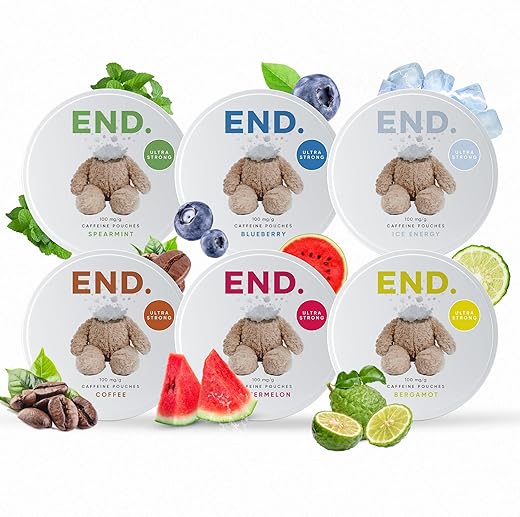 Pouches de Cafeína: 75mg de Energia Natural, 12 Sabores Naturais, Pouches Livres de Tabaco e Nicotina, Energia para Levar, Zero Açúcar, 15 Pouches de Café por Lata (Pack com 6,…) - END