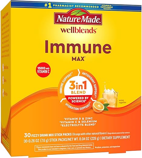 Wellblends ImmuneMAX: Bebida Efervescente com Vitamina C 1500mg, Zinco 15mg, Vitamina D3 1000 UI (25 mcg), além de Vitaminas B e Mistura de Eletrólitos para Hidratação, 30 Sachês - Nature Made