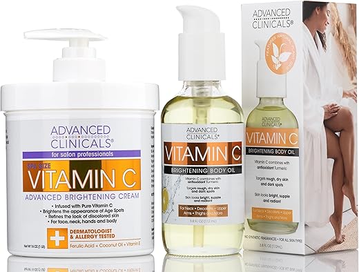 Conjunto de Cuidados com a Pele Advanced Clinicals – Creme Hidratante de Vitamina C Iluminadora e Óleo Corporal de Vitamina C | Nutritivo, Iluminador