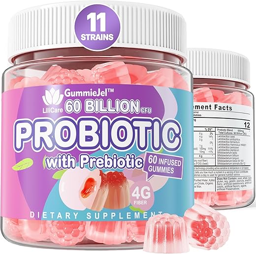 EnvyDeal - Gomas Probióticas Sem Açúcar 60 Bilhões UFC 11 Cepas com Fibras Prebióticas, Gomas Probióticas Recheadas para Saúde Digestiva de Mulheres e Homens, Sabor Pêssego, Auxilia a Constipação