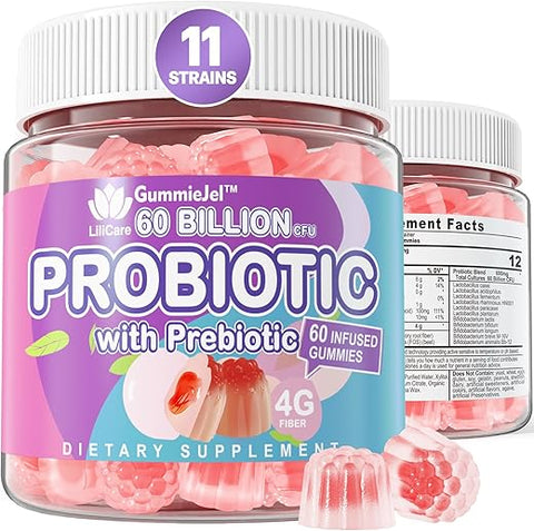 EnvyDeal - Gomas Probióticas Sem Açúcar 60 Bilhões UFC 11 Cepas com Fibras Prebióticas, Gomas Probióticas Recheadas para Saúde Digestiva de Mulheres e Homens, Sabor Pêssego, Auxilia a Constipação