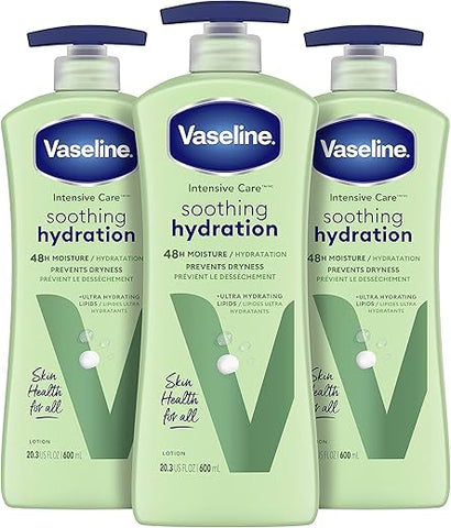 Loção Corporal Vaseline Intensive Care para Pele Seca Hidratação Calmante com Lipídios Ultra-Hidratantes Extrato de Aloe Vera 1%% para Revitalizar a Pele Desidratada 20,3 oz, Pack com 3