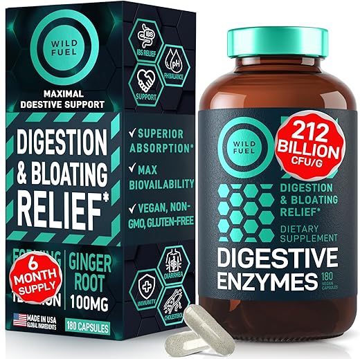 WILD FUEL - Enzimas Digestivas com Probióticos e Prebióticos – Saúde Intestinal, Digestão, Suplemento para SII com Alcachofra, Gengibre e Cúrcuma – Vegan Enzimas Probióticas para Saúde Digestiva e Redução de Inchaço