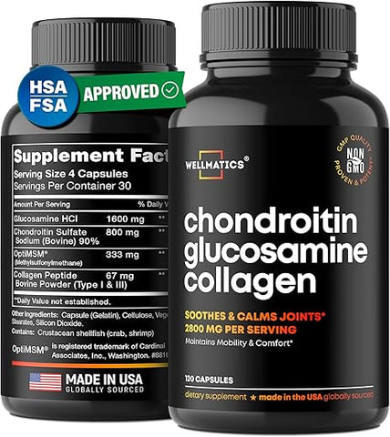 Wellmatics - Cápsulas de Glucosamina Condroitina MSM – Suplemento para Suporte Articular – Fabricado nos EUA – HSA