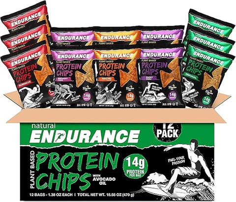 natural ENDURANCE - Chips de Proteína Natural Endurance – Snack Low Carb, Alto Teor de Proteína, Vegano com Óleo de Abacate, 14g de Proteína por Pacote, Sem Glúten, Nacho, BBQ, Chili, Bolo de Aniversário