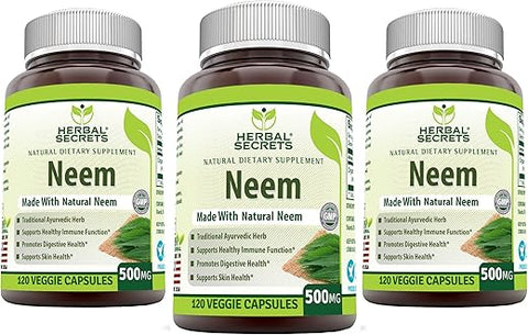 Neem – Suplemento Natural para Purificação do Sangue, Fortalecimento da Imunidade e Saúde da Pele* (Cápsulas Vegetais de 500mg, 120 Unidades – 3 Pacotes) - Herbal Secrets