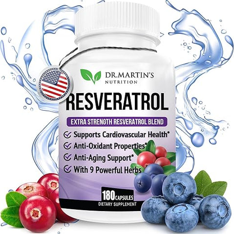 DR. MARTIN'S NUTRITION - Resveratrol Extra Forte 1568mg – 180 Cápsulas – 3 Meses de Fornecimento | Suplemento Antioxidante | Cápsulas Naturais de Trans-Resveratrol | para Anti-Envelhecimento, Saúde Cardíaca, Sistema Imunológico