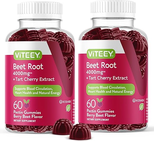 Viteey - Gummies de Beterraba 4000mg Cereja Azeda – Suporte para Pressão Arterial Saudável – Vegano, Sem Gelatina, Sem Glúten – Goma de Beterraba Saborosa e Mastigável