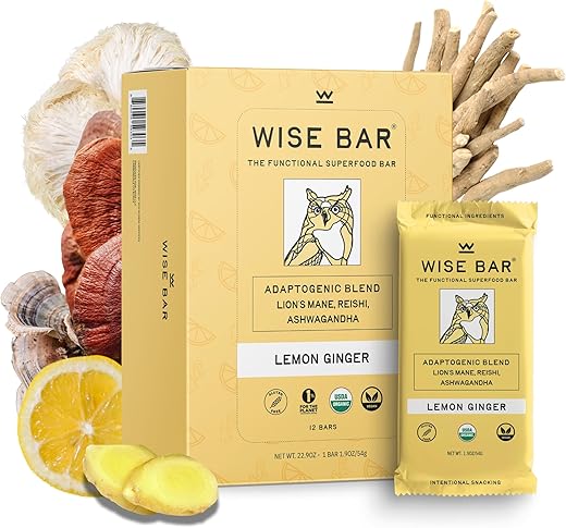 WISE BAR - Wise Bar – Barras Nutricionais de Cogumelos Adaptogênicos, Sabor Limão e Gengibre, 12 Unidades, Dose Diária de 3.000mg de Cogumelos Funcionais e Adaptógenos por Barra, Orgânico, Vegano e Livre de Glúten
