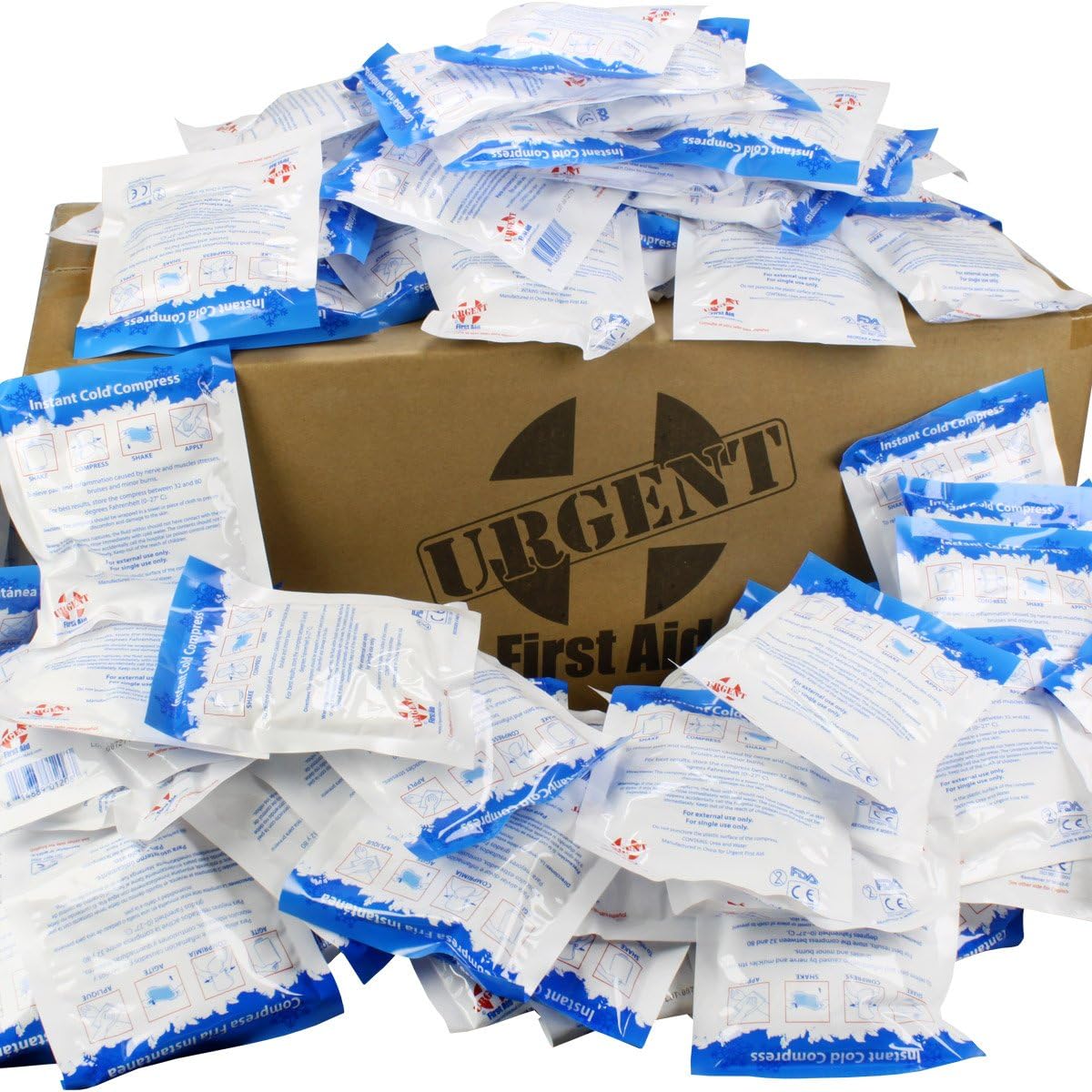 Urgent First Aid - Case de 125 Bolsas de Gelo Instantâneo, 5″ x 6″ (Área Fria de 4″ x 5″) – Compressas Frias Descartáveis – Tratamento de Primeiros Socorros Rápido e Eficaz