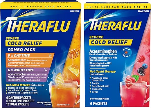 Combo Diurno – Alívio dos Sintomas do Resfriado – 10 Sachês – 325mg Acetaminofeno – 50mg Cafeína – 2g Vitamina C – 10g Açúcar – 5g Mel – 5g Limão – 5g Gengibre – 5g – Farmácia Online - Theraflu