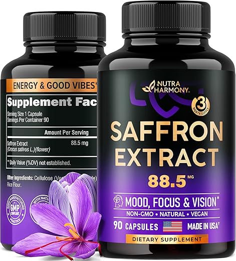 NUTRAHARMONY - Suplementos Naturais de Açafrão – Extrato Puro de Açafrão 88,5 mg – Fabricado nos EUA – Suporte para Humor, Foco, Visão e Energia – Saúde Ocular para Mulheres