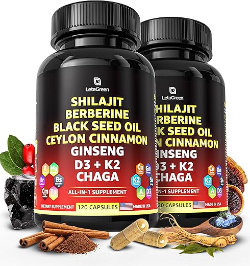 LetaGreen - Cápsulas de Shilajit Puro do Himalaia – Suplemento de Shilajit Puro com Ácido Fúlvico All-in-1 (Pacote com 2) – Berberina com Canela do Ceilão, Óleo de Semente Negra e Complexo de Ginseng