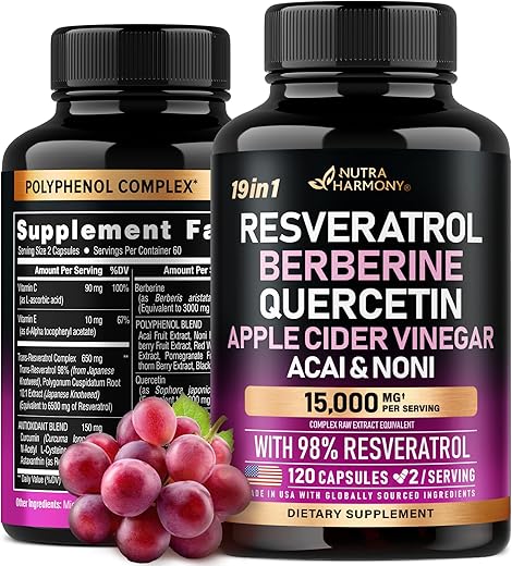 NUTRAHARMONY - Resveratrol 15000mg – Complexo Polifenólico Orgânico 19 em 1 – Extrato de Noni | Berberina | Quercetina | Vinagre de Maçã | Açaí – Fabricado nos EUA – Antioxidante