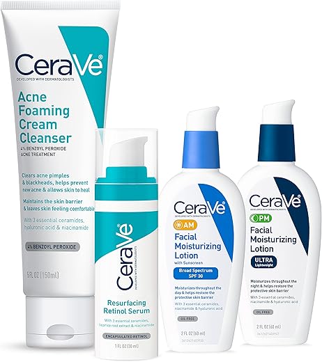 Conjunto CeraVe Cuidados para Pele com Acne | Espuma de Limpeza 150ml, Soro de Retinol 30ml, Loção Facial Hidratante com FPS 30 60ml, Loção Facial Noturna 60ml