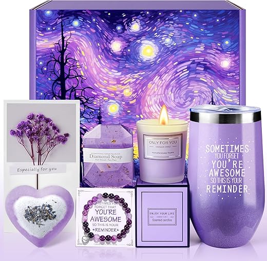 Apjielop - Presentes de Aniversário para Mulheres – Conjunto de Cesta de Presentes Relaxantes de Spa de Lavanda para Mulheres, Mãe, Irmã, Melhor Amiga, Esposa, Namorada, Ela – Dia das Mães, Natal, Feliz Aniversário para Mulheres