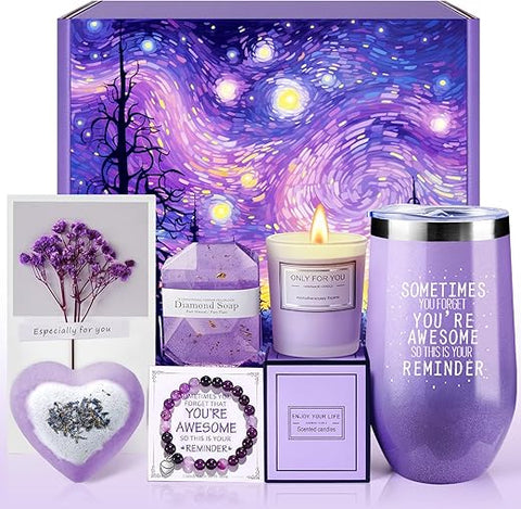 Apjielop - Presentes de Aniversário para Mulheres – Conjunto de Cesta de Presentes Relaxantes de Spa de Lavanda para Mulheres, Mãe, Irmã, Melhor Amiga, Esposa, Namorada, Ela – Dia das Mães, Natal, Feliz Aniversário para Mulheres
