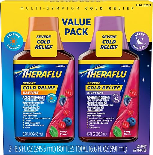 ExpressMax Medicamento para Gripe e Tosse Intensa, Dia e Noite, Alívio da Tosse e Gripe, Sabor de Frutas Vermelhas – 245 ml x 2 - Theraflu