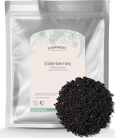 Bagas de Sabugueiro Inteiras Selvagens, 454g | Reforço para o Sistema Imunológico para Preparar Chá, Xarope, Gomas - Starwest Botanicals