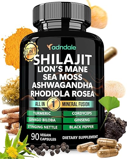 Adndale - Shilajit Puro do Himalaia Orgânico. 11 em 1 para Homens. Cápsulas de Shilajit com Sea Moss, Ashwagandha, Rhodiola Rosea, Panax Ginseng, Cúrcuma e Lion’s Mane