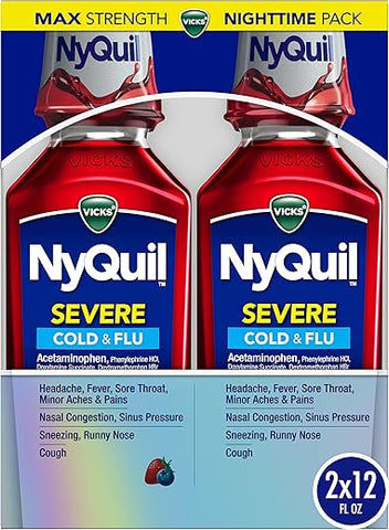 NyQuil SEVERE – Remédio para Gripe, Resfriado e Congestão, 2×360 ml, Sabor de Frutas Vermelhas, Máxima Potência, Alívio Noturno - Vicks