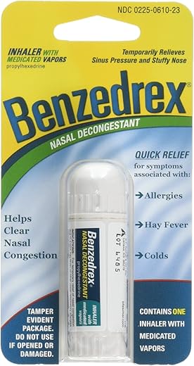 Inhalador Propylhexedrine Descongestionante Nasal – 1 Unidade (Pacote com 6) | Propylhexedrine para Descongestionar o Nariz - Benzedrex